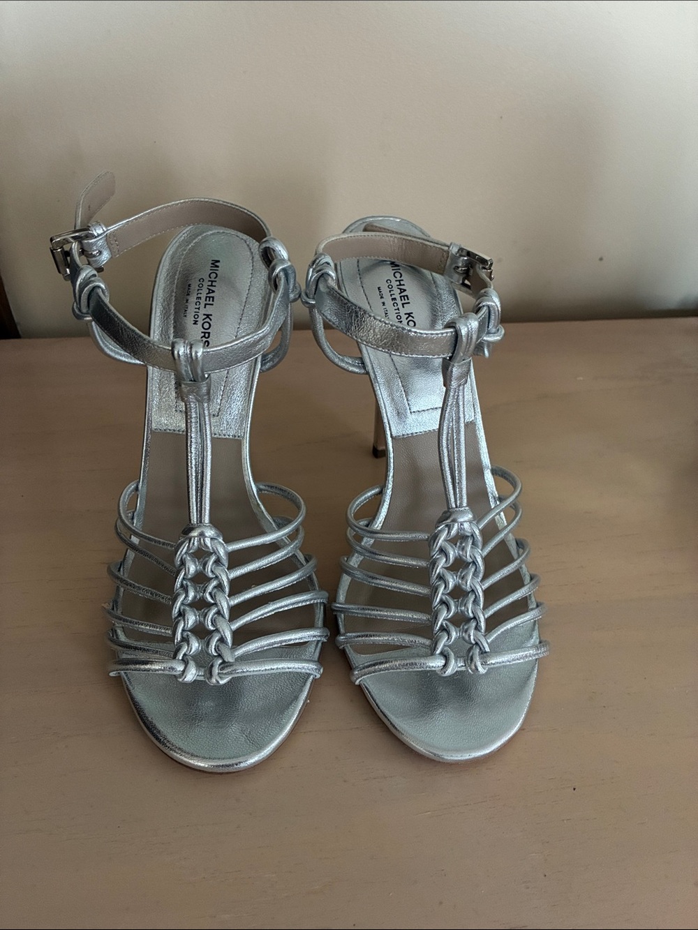 Michael Kors Metallic Silver Braided T-Strap Heels